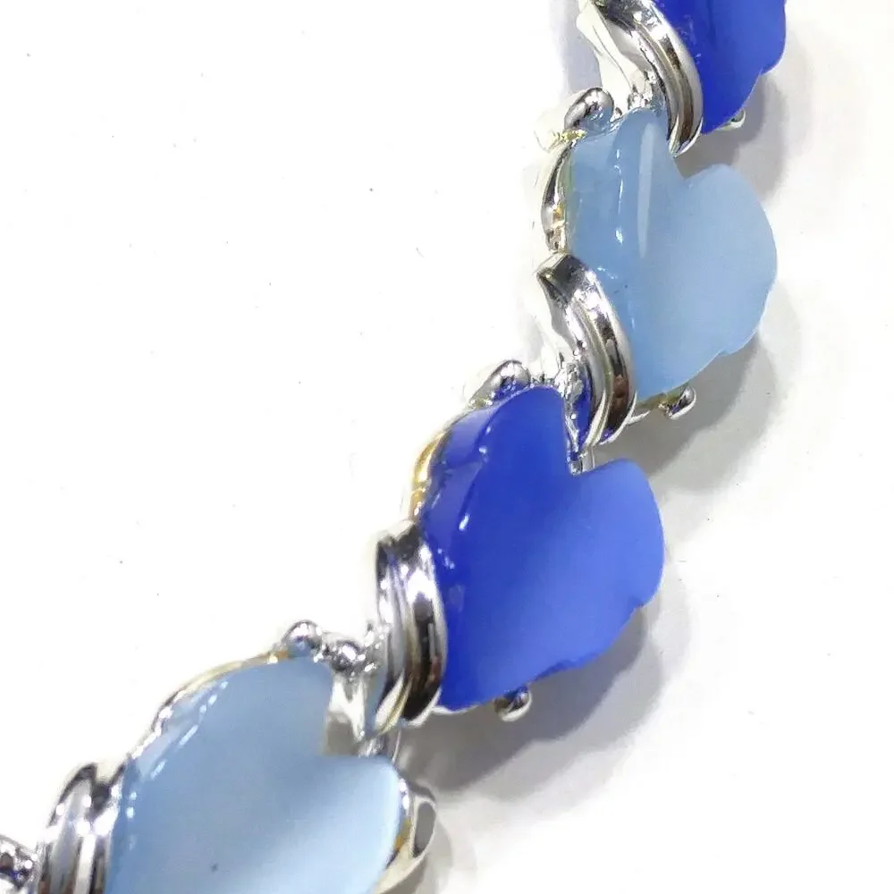1960s Blue Lucite Leaf Necklace & Clip On Earrings Set Silver Tone Vintage